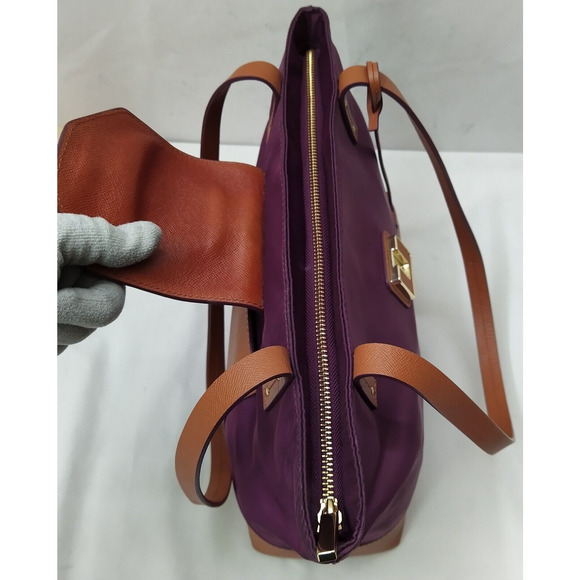 Tory Burch Purple Nylon Brown Leather Trim Double Handle Satchel Shoulder Bag - Picture 9 of 16